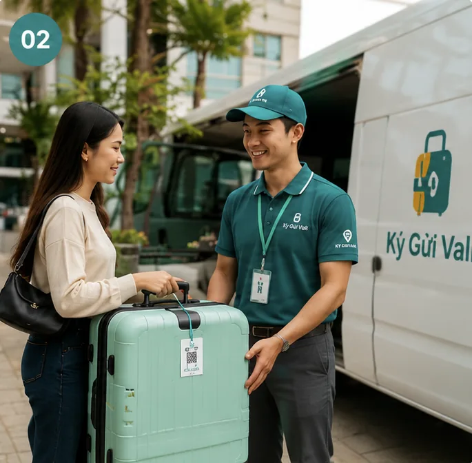 Nhân viên Ký Gửi Vali nhận vali màu mint từ du khách