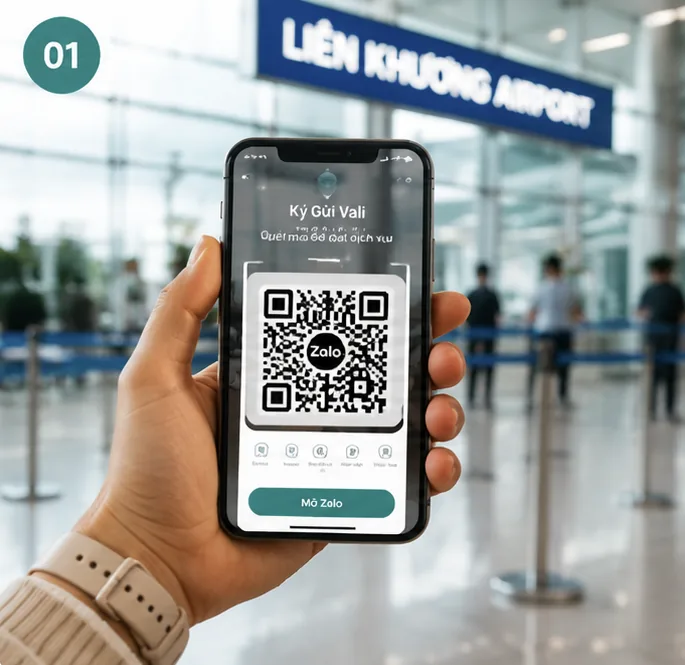 Du khách quét mã QR Ký Gửi Vali tại sân bay Liên Khương